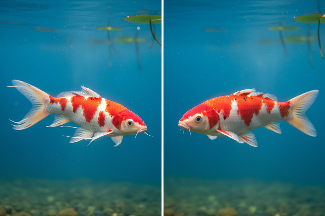 Butterfly koi with long flowing fins next to standard fin koi showing the difference in fin style in a garden pond