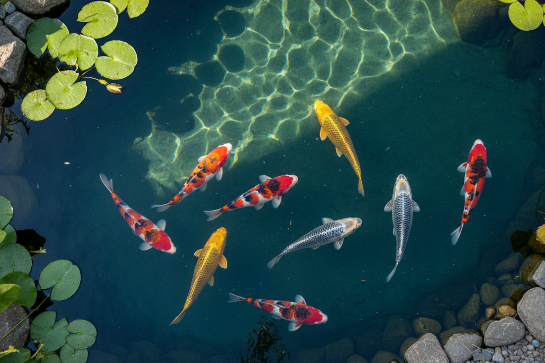 Hand-selected premium koi fish from the Crystal Creek Choice Collection in a showcase pond