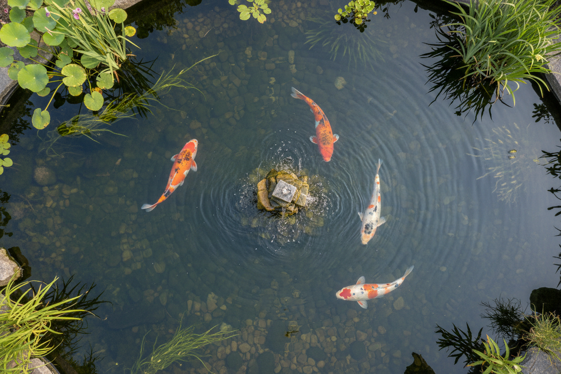 Koi pond with aeration system and air stones providing oxygen for healthy fish in a backyard water garden