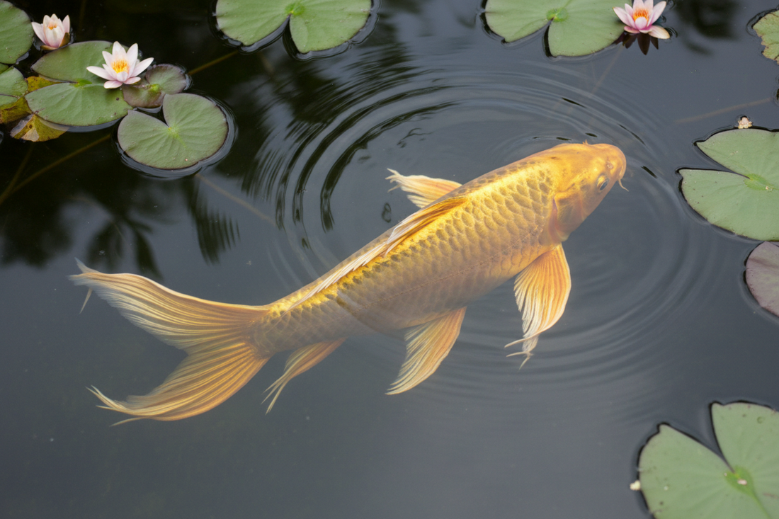 Butterfly koi with long flowing fins swimming gracefully in a backyard water garden pond