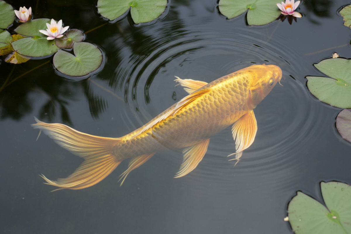 Butterfly koi with long flowing fins swimming gracefully in a backyard water garden pond