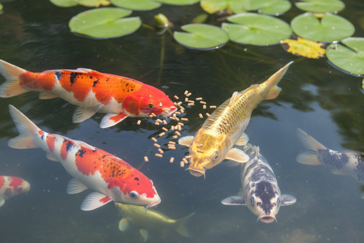 Koi fish feeding at the surface of a garden pond being given the right amount of food by their owner