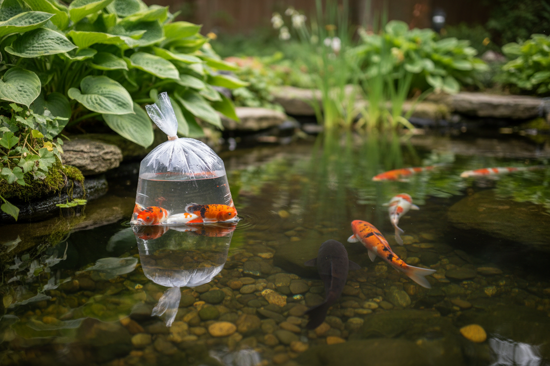 Koi fish being slowly acclimated to a new pond by floating the bag to equalize temperature