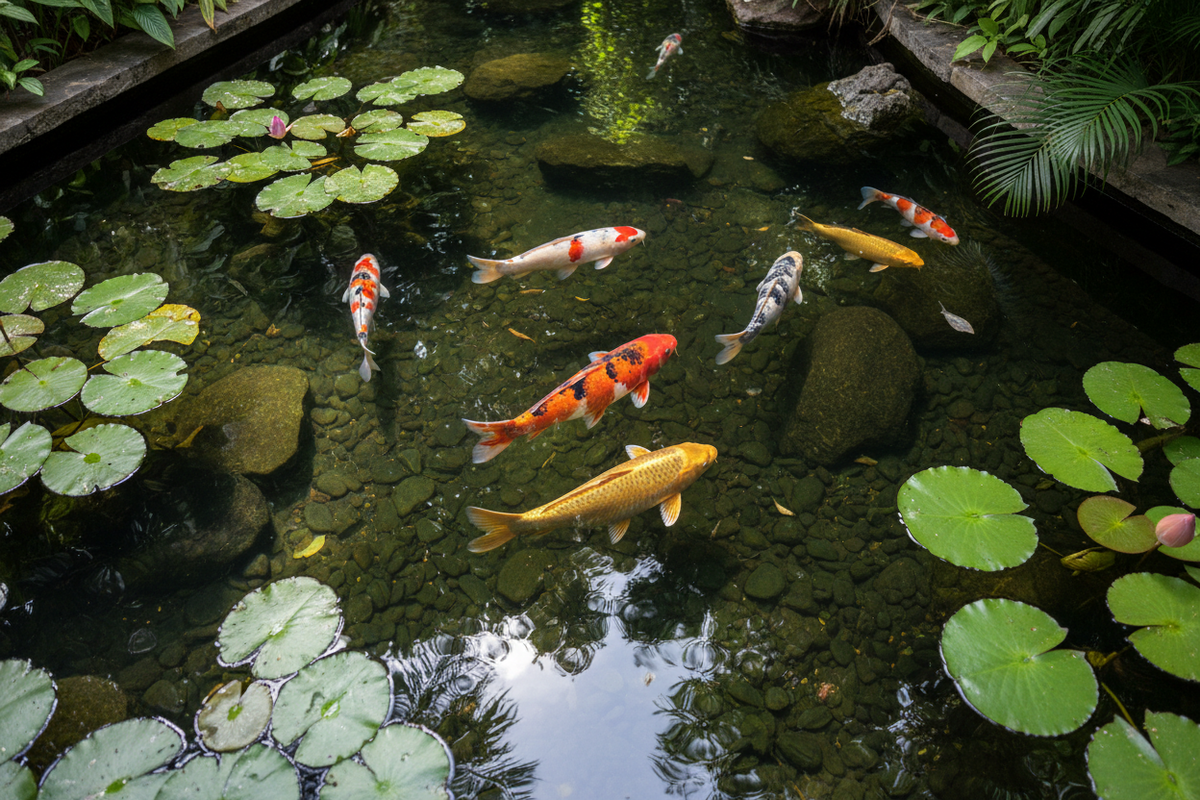 Pond keeper selecting healthy koi fish from a dealer tank with confidence