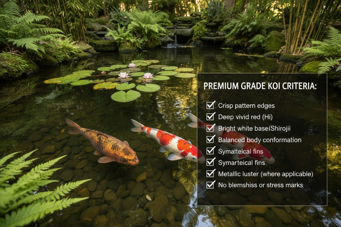 Koi fish being evaluated for grade quality based on color, pattern, and body shape in a clear pond