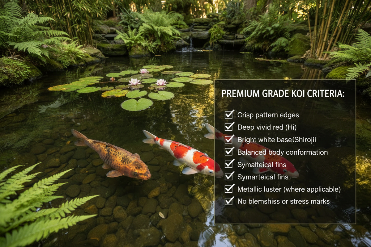 Koi fish being evaluated for grade quality based on color, pattern, and body shape in a clear pond