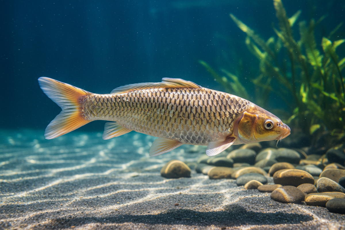 Kinginrin koi — sparkling silver and gold scale koi fish glittering in a garden pond