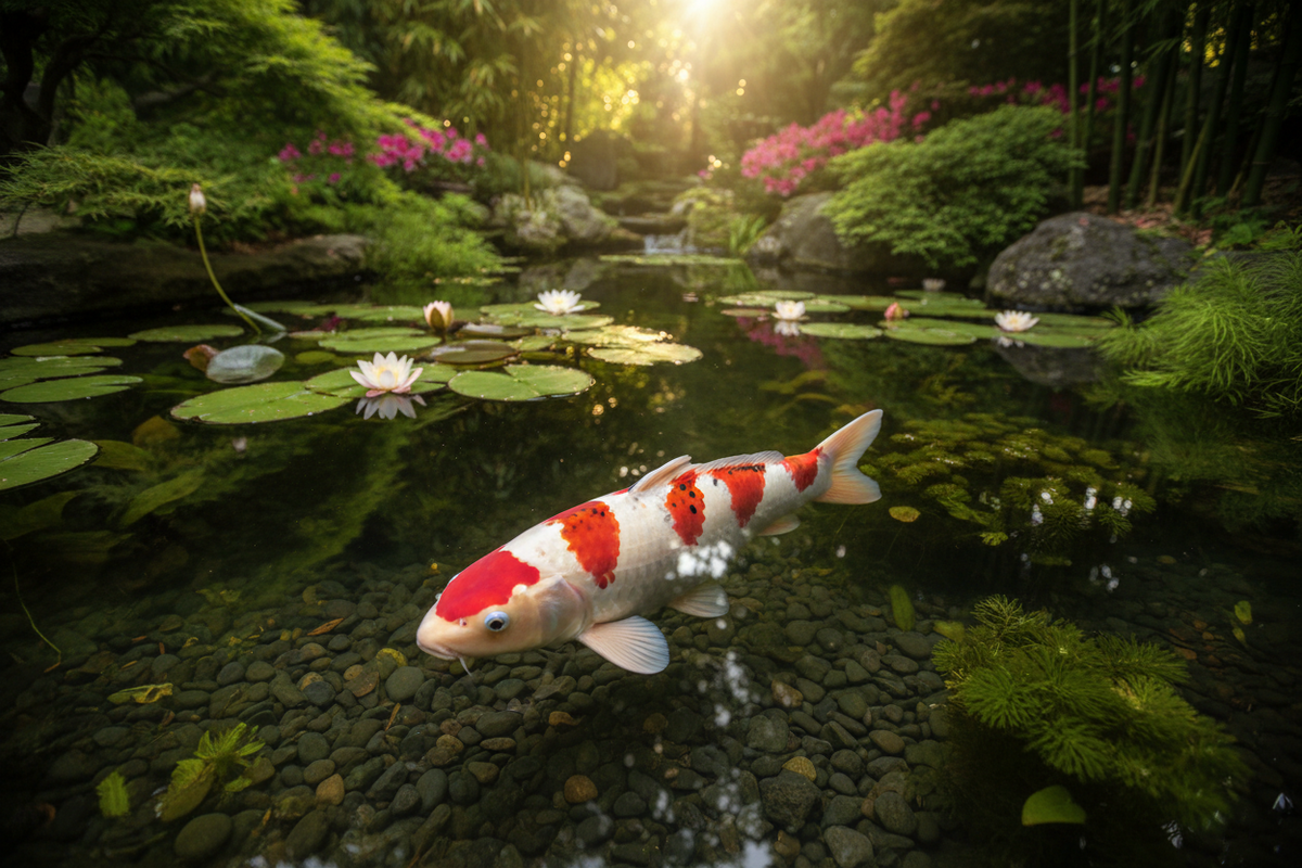 Kohaku koi with bright red and white pattern swimming in a backyard water garden pond