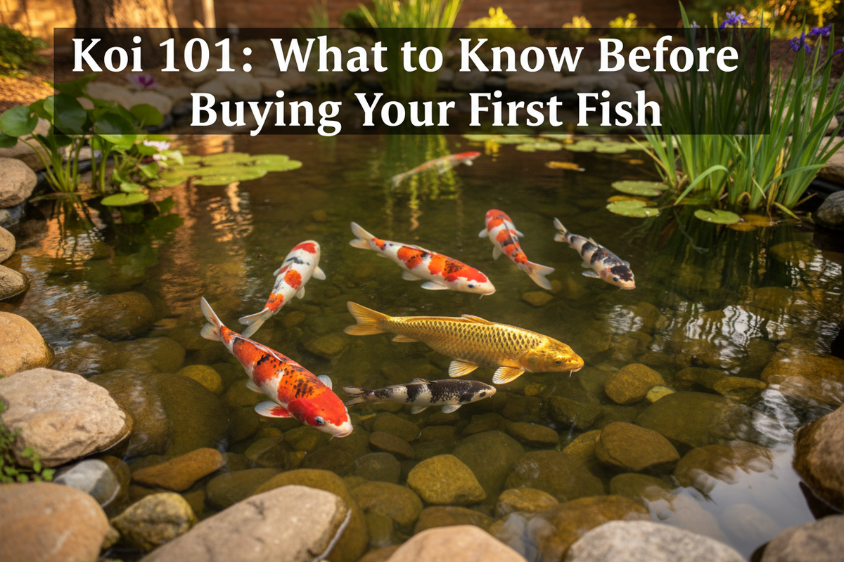Beginner koi keeper looking at colorful koi fish swimming in a backyard garden pond