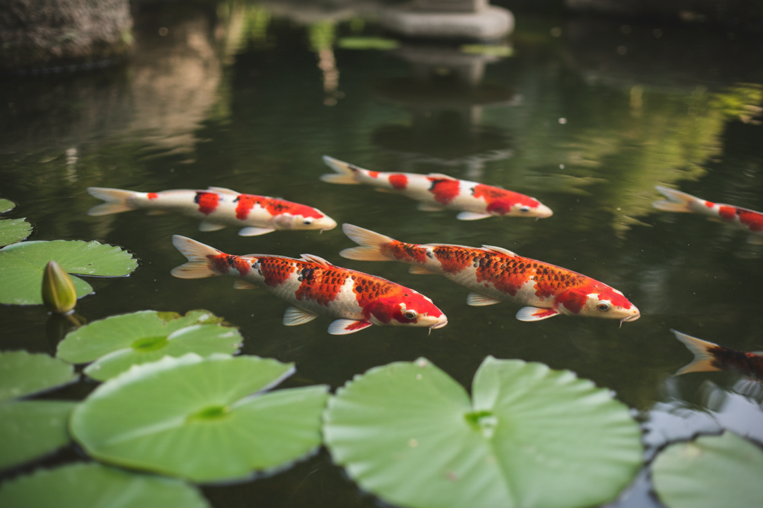 Healthy vibrant koi fish in a well-maintained pond showing excellent color, health, and quality