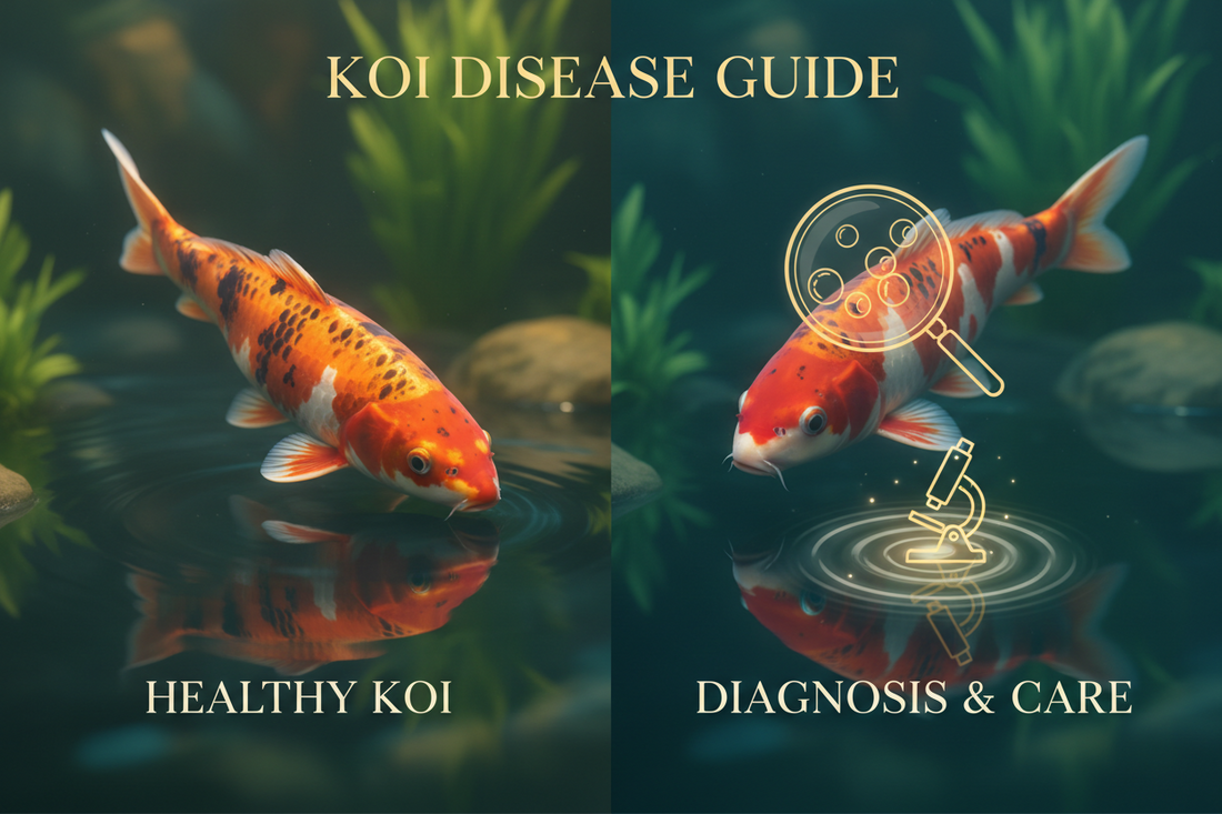 Koi fish being examined for common disease symptoms including parasites, ulcers, and fin rot