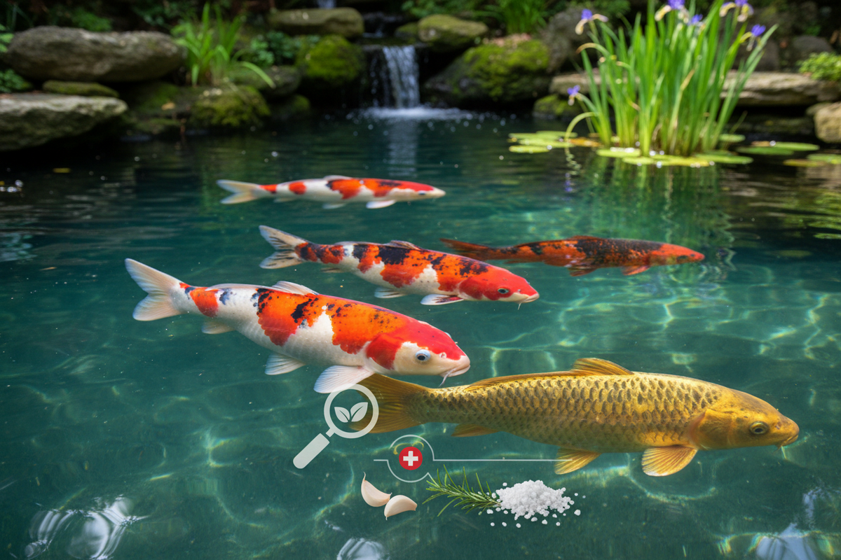 Koi fish showing early signs of disease being monitored in a pond for prompt treatment and prevention