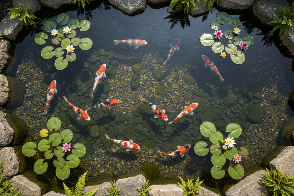 Well-stocked koi pond with healthy fish at ideal stocking density in a backyard water garden