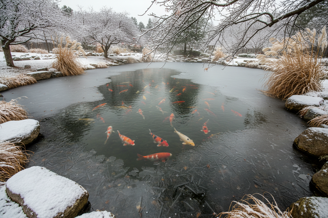 Koi pond in winter with a net cover and bare trees reflecting in the water