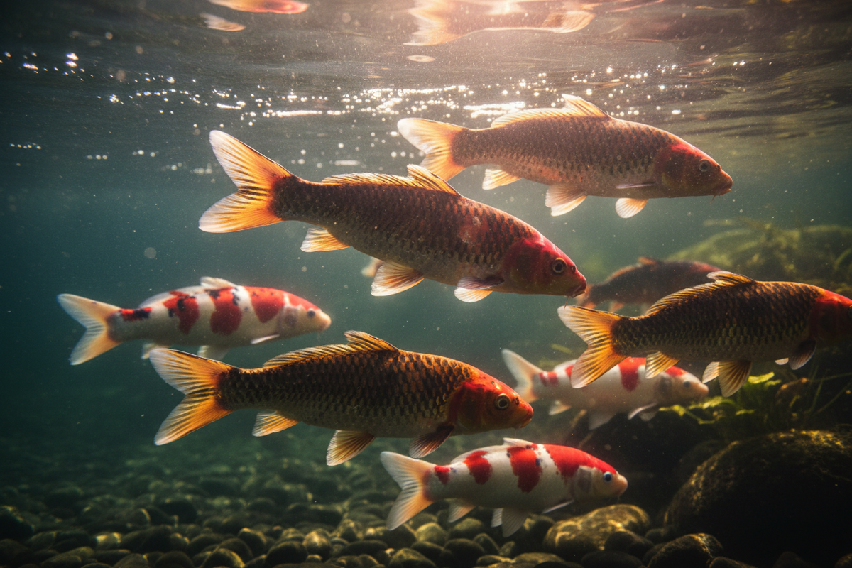 Premium Japanese koi fish for sale swimming in a crystal clear garden pond