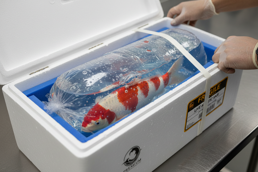 Live koi fish packaged in an oxygen-filled bag inside an insulated box ready for overnight shipping