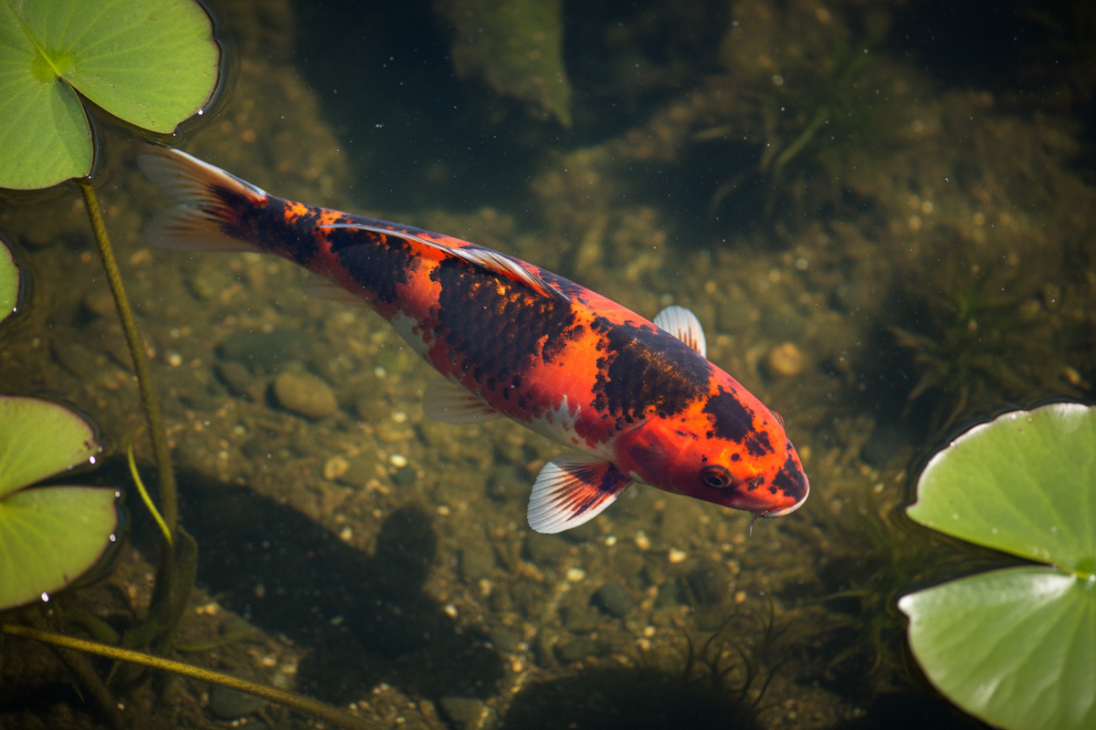 Showa Sanshoku koi with bold black, red, and white tri-color pattern swimming in a garden pond