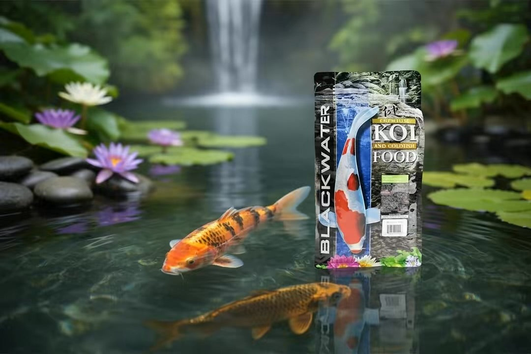 Vibrant koi fish with enhanced colors swimming in a healthy pond after being fed color-enhancing koi food