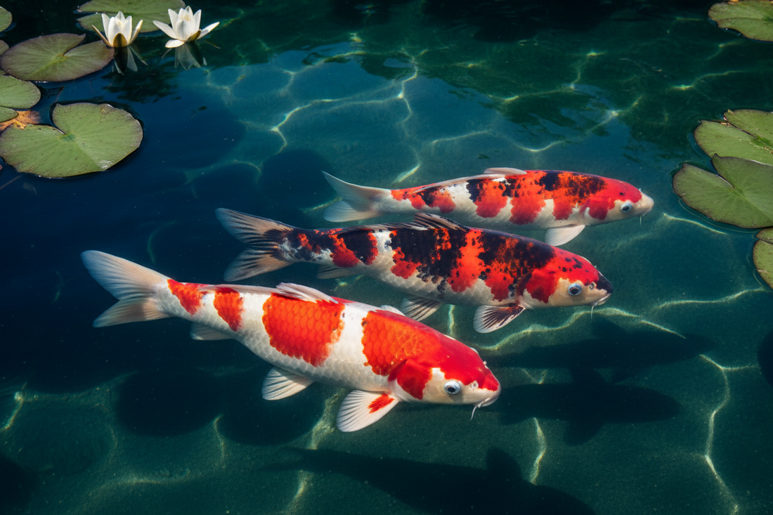 Gosanke koi — Kohaku, Taisho Sanke, and Showa swimming together in a garden pond