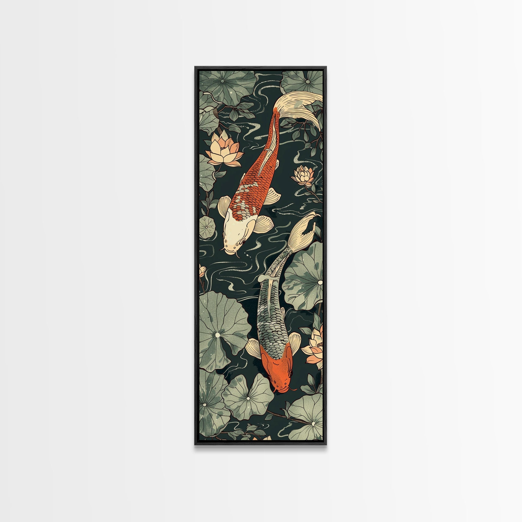 Koi Fish Swimming Gracefully Among Lotus Flowers – Framed Canvas Print Highlighting Skinny Art And Tall Art In Ukiyo-E Art And Japanese Style Art