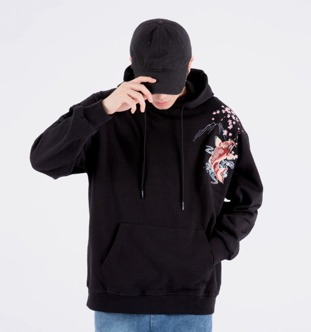 Red Koi Embroidery Hoodie