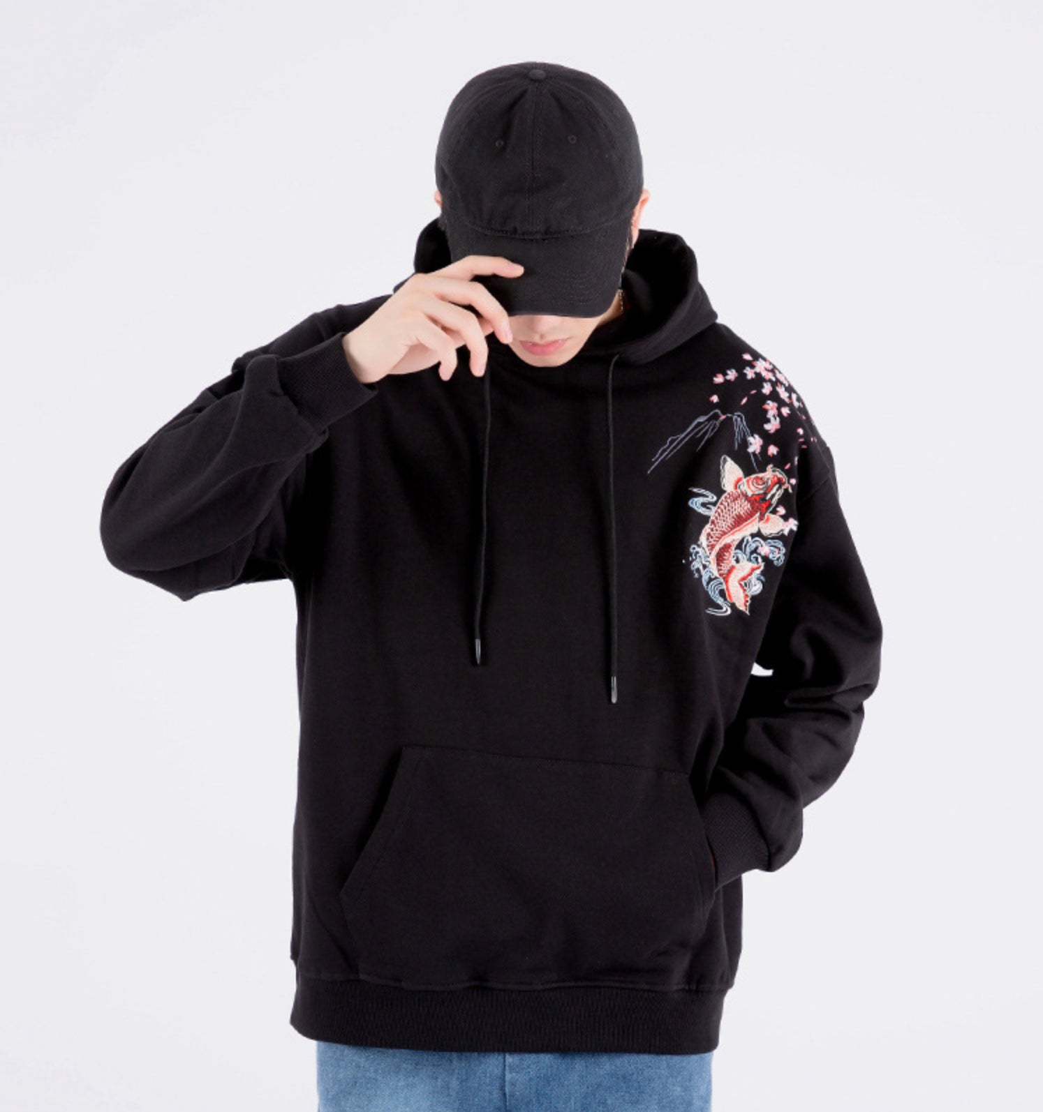 Red Koi Embroidery Hoodie