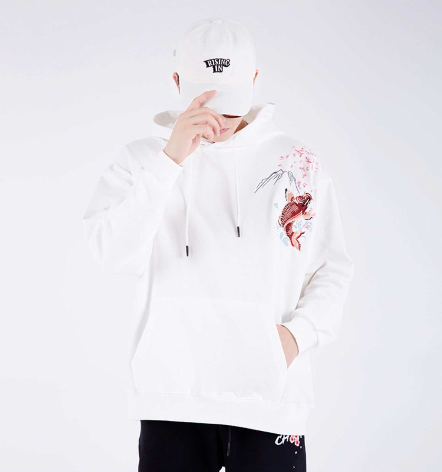 Red Koi Embroidery Hoodie