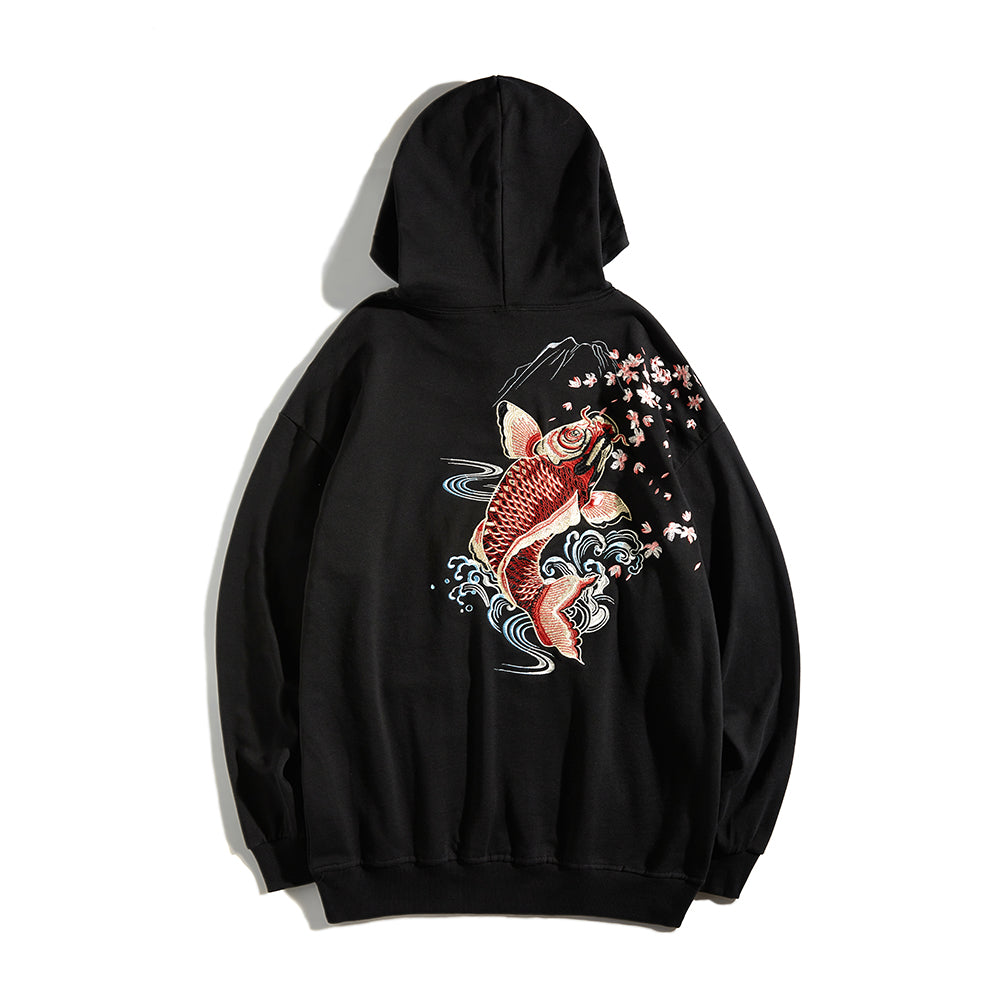Red Koi Embroidery Hoodie