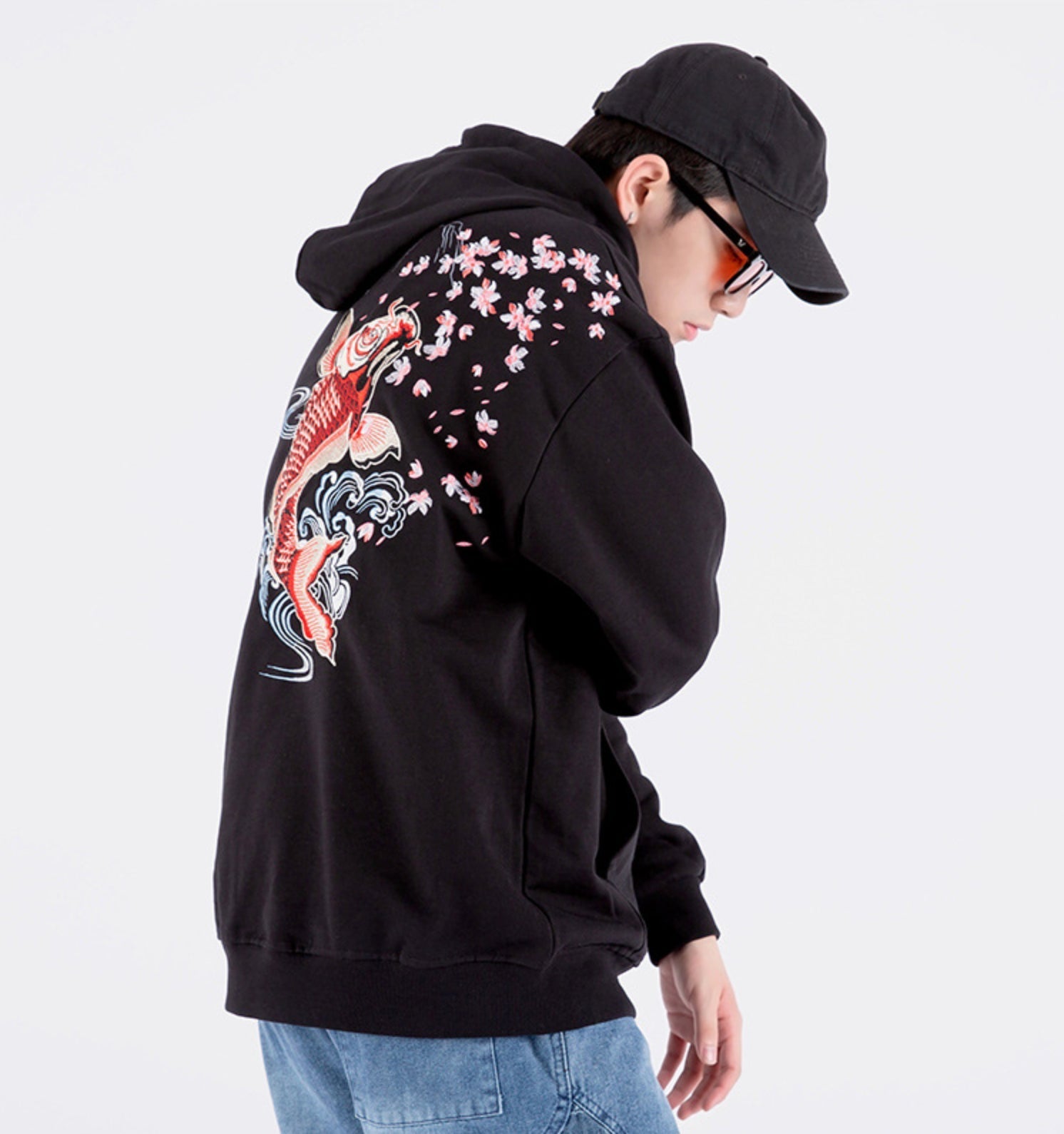 Red Koi Embroidery Hoodie
