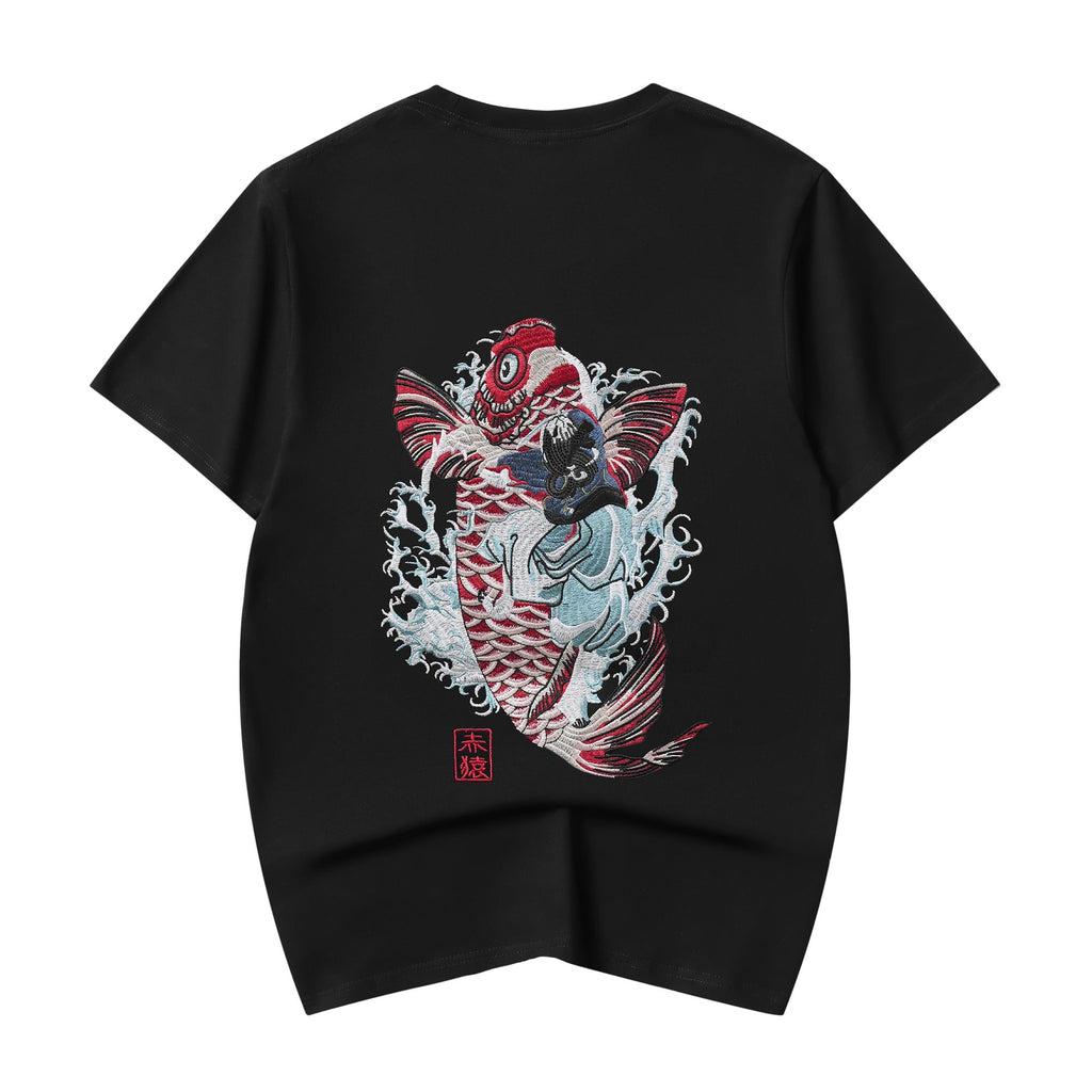 Red Koi Wave Rider Embroidered Tee