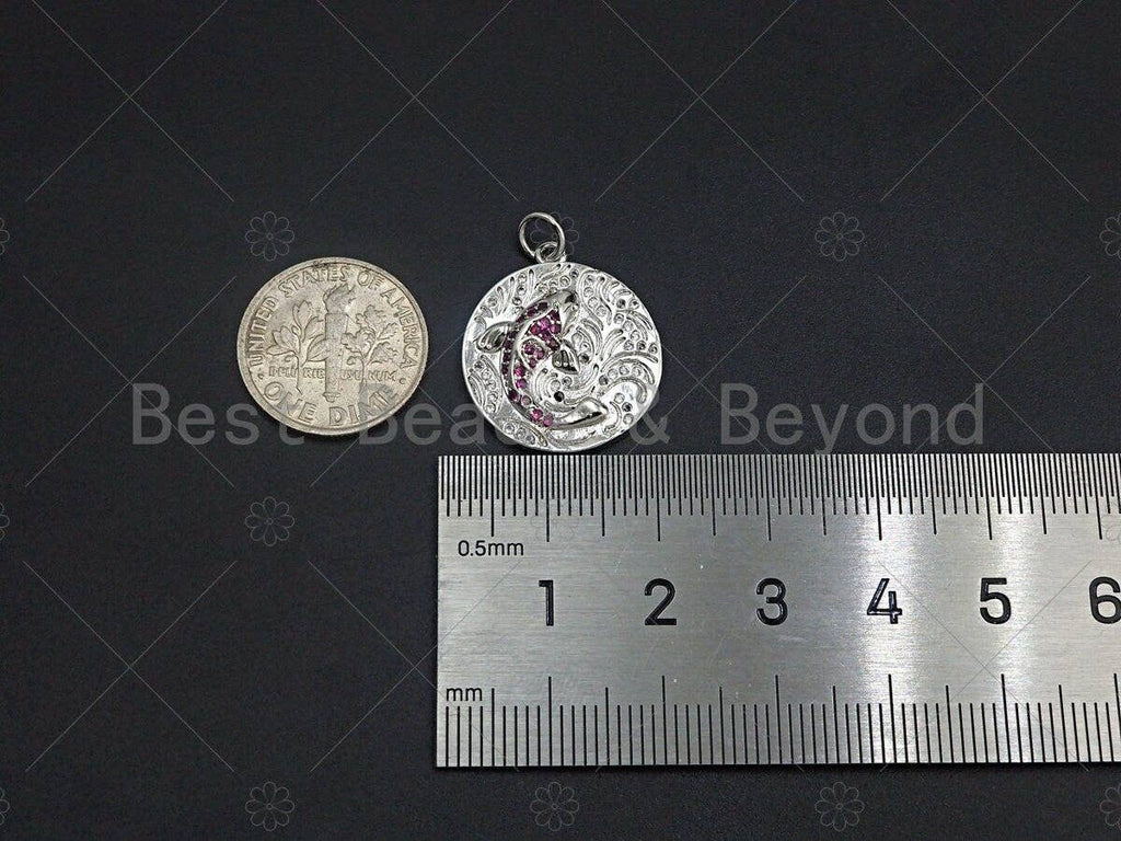 CZ Pave koi fish charm pendant, Gold Silver Rose gold Japanese koi Coin charm, Animal Jewelry,19mm,sku#Y251