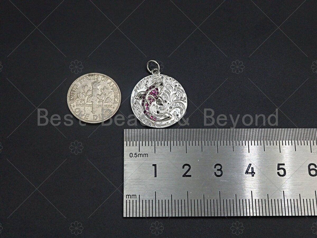 CZ Pave koi fish charm pendant, Gold Silver Rose gold Japanese koi Coin charm, Animal Jewelry,19mm,sku#Y251
