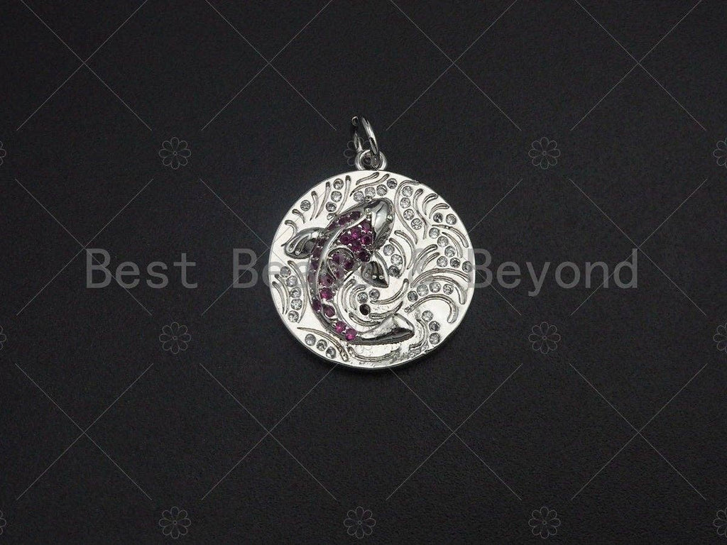 CZ Pave koi fish charm pendant, Gold Silver Rose gold Japanese koi Coin charm, Animal Jewelry,19mm,sku#Y251
