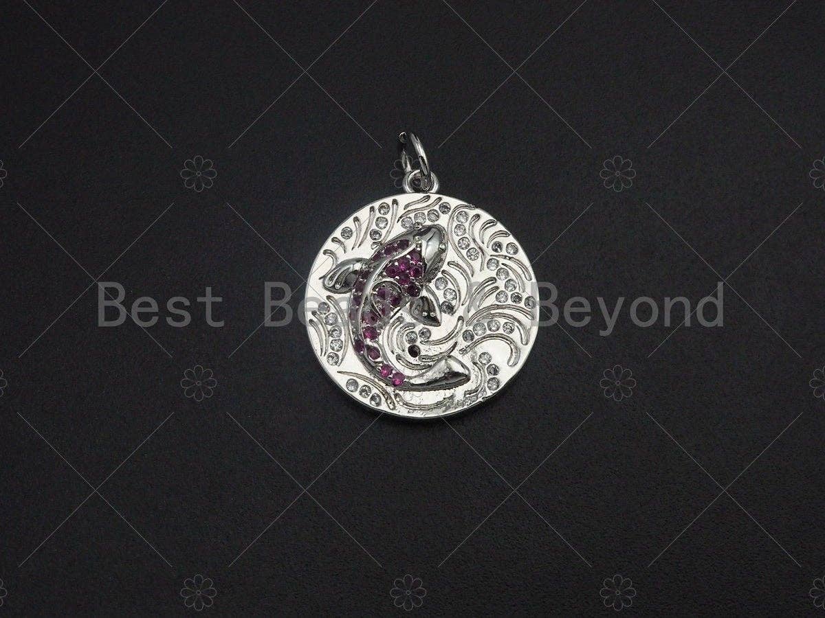 CZ Pave koi fish charm pendant, Gold Silver Rose gold Japanese koi Coin charm, Animal Jewelry,19mm,sku#Y251
