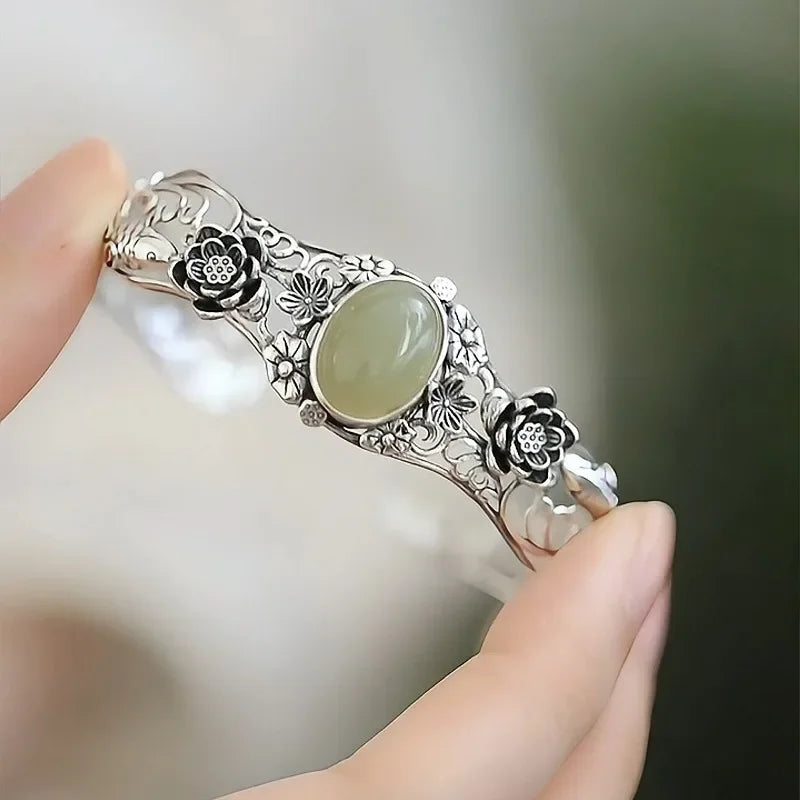 Hotan Green Jade Lotus & Koi Carved Bracelet