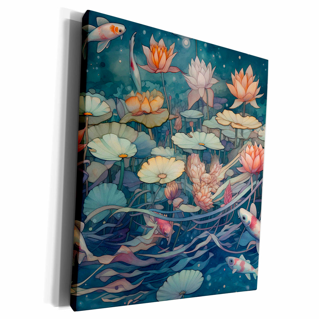 3dRose Pretty Lotus Flowers and Koi Fish Background - Museum Grade Canvas Wrap (cw-384186)