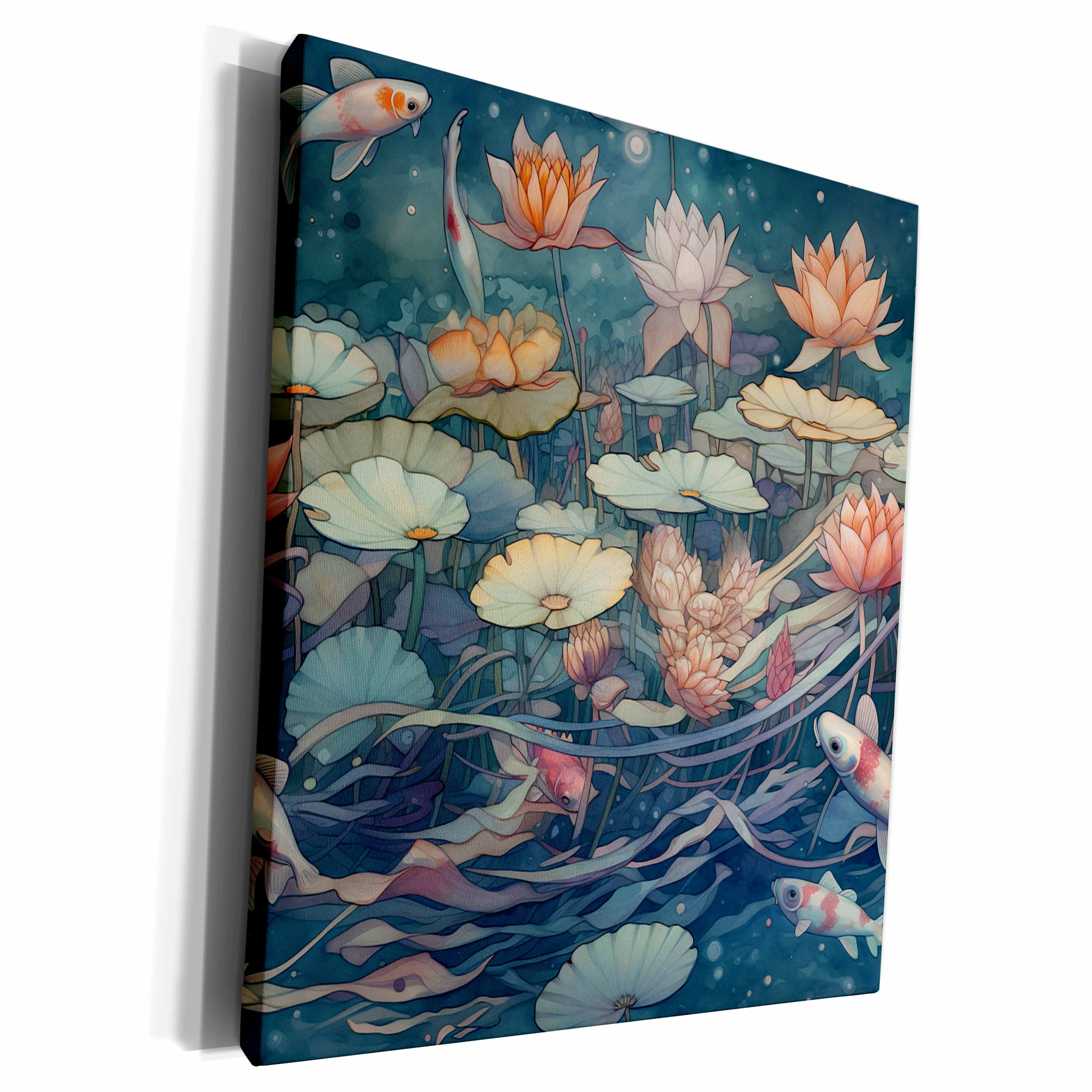 3dRose Pretty Lotus Flowers and Koi Fish Background - Museum Grade Canvas Wrap (cw-384186)