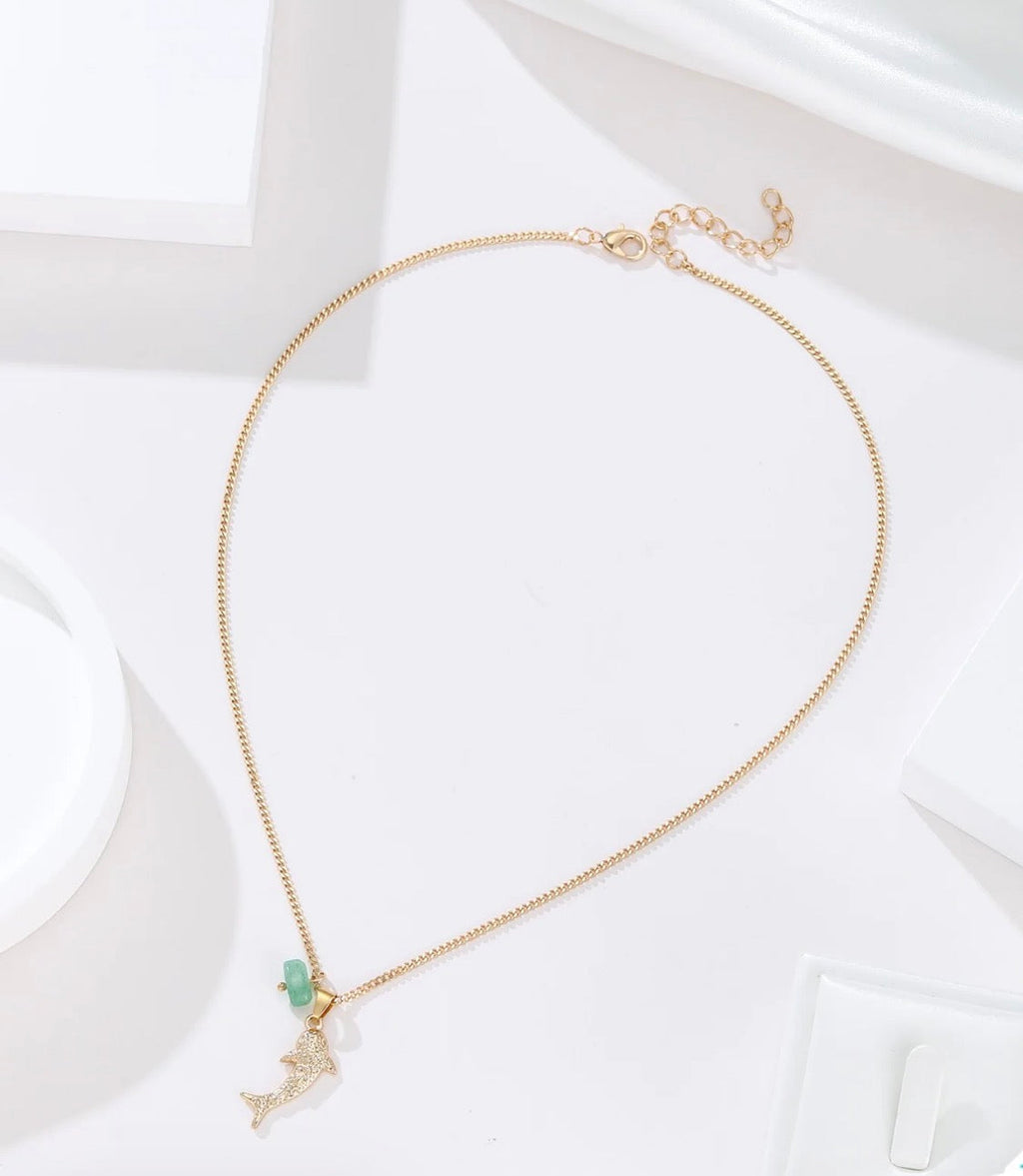Dainty CZ Koi Fish Pendant Necklace with Green Aventurine – Gold