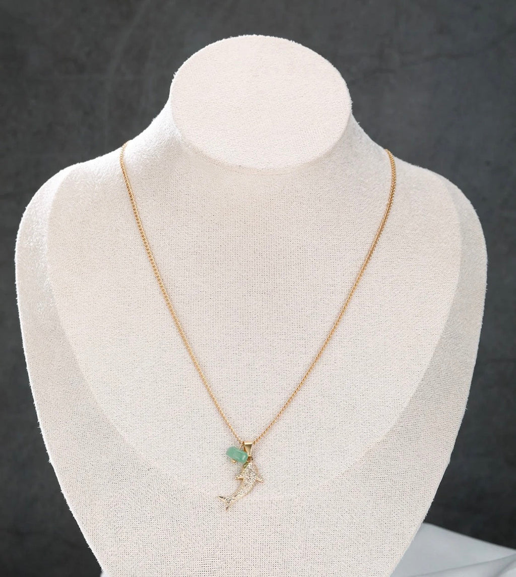 Dainty CZ Koi Fish Pendant Necklace with Green Aventurine – Gold