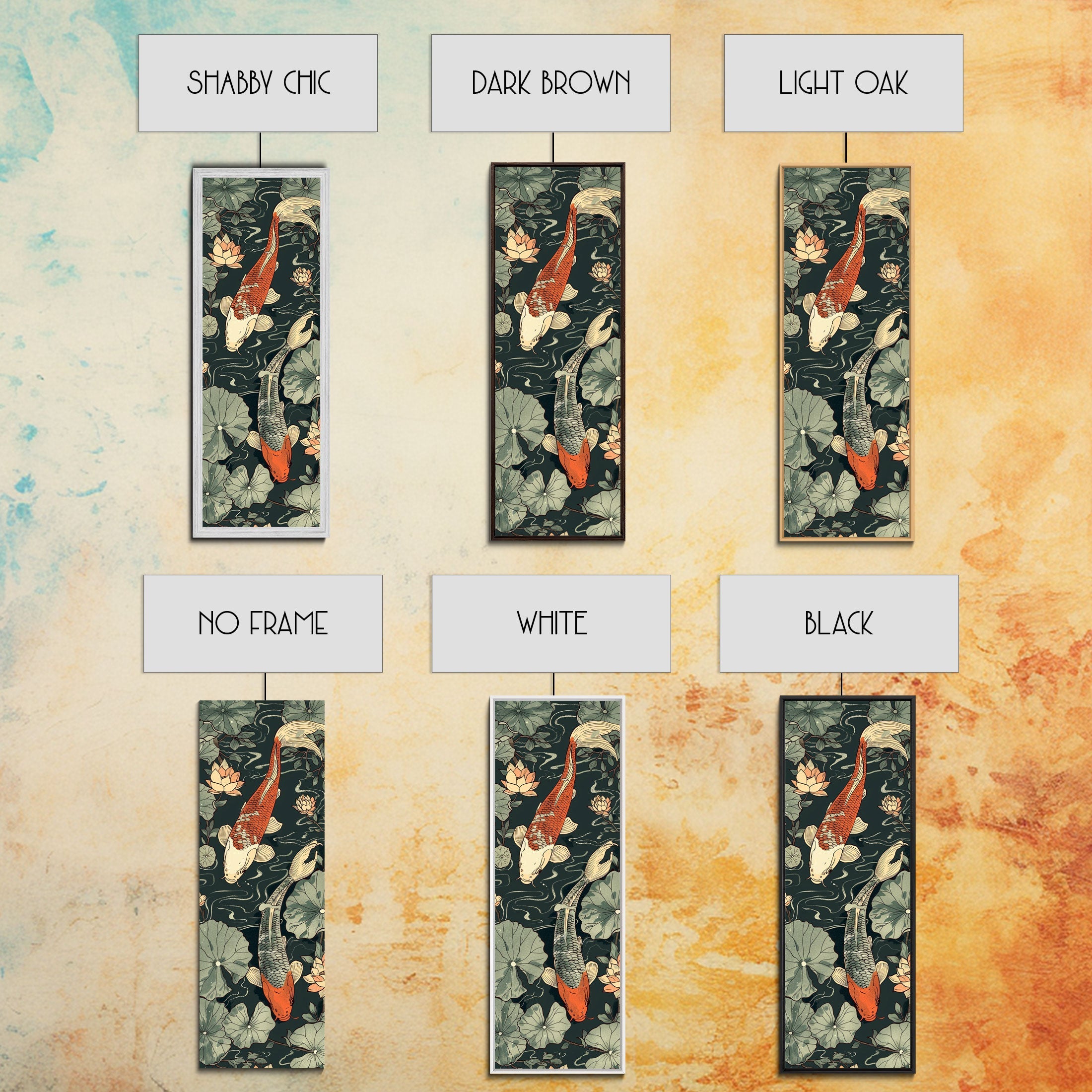 Koi Fish Swimming Gracefully Among Lotus Flowers – Framed Canvas Print Highlighting Skinny Art And Tall Art In Ukiyo-E Art And Japanese Style Art