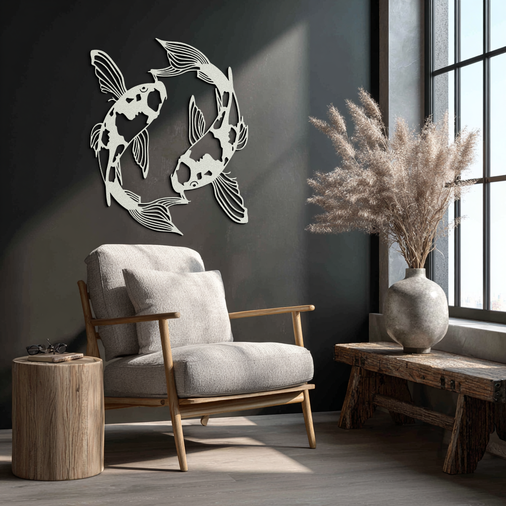 Koi Fish Yin Yang Metal Wall Art - Zen Inspired Steel Wall Decor - KAF083