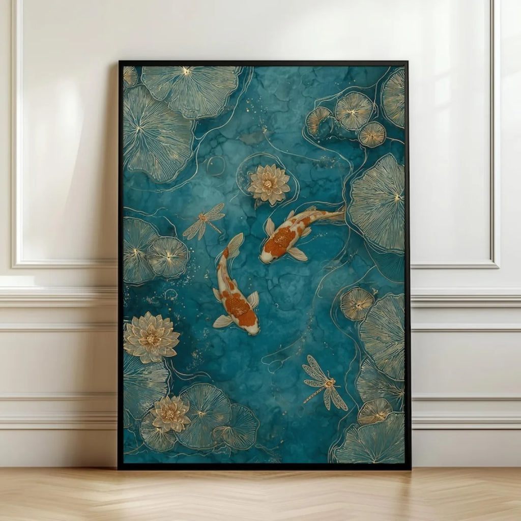 Japanese Koi Fish Canvas Print – Emerald Green Pond with Lotus