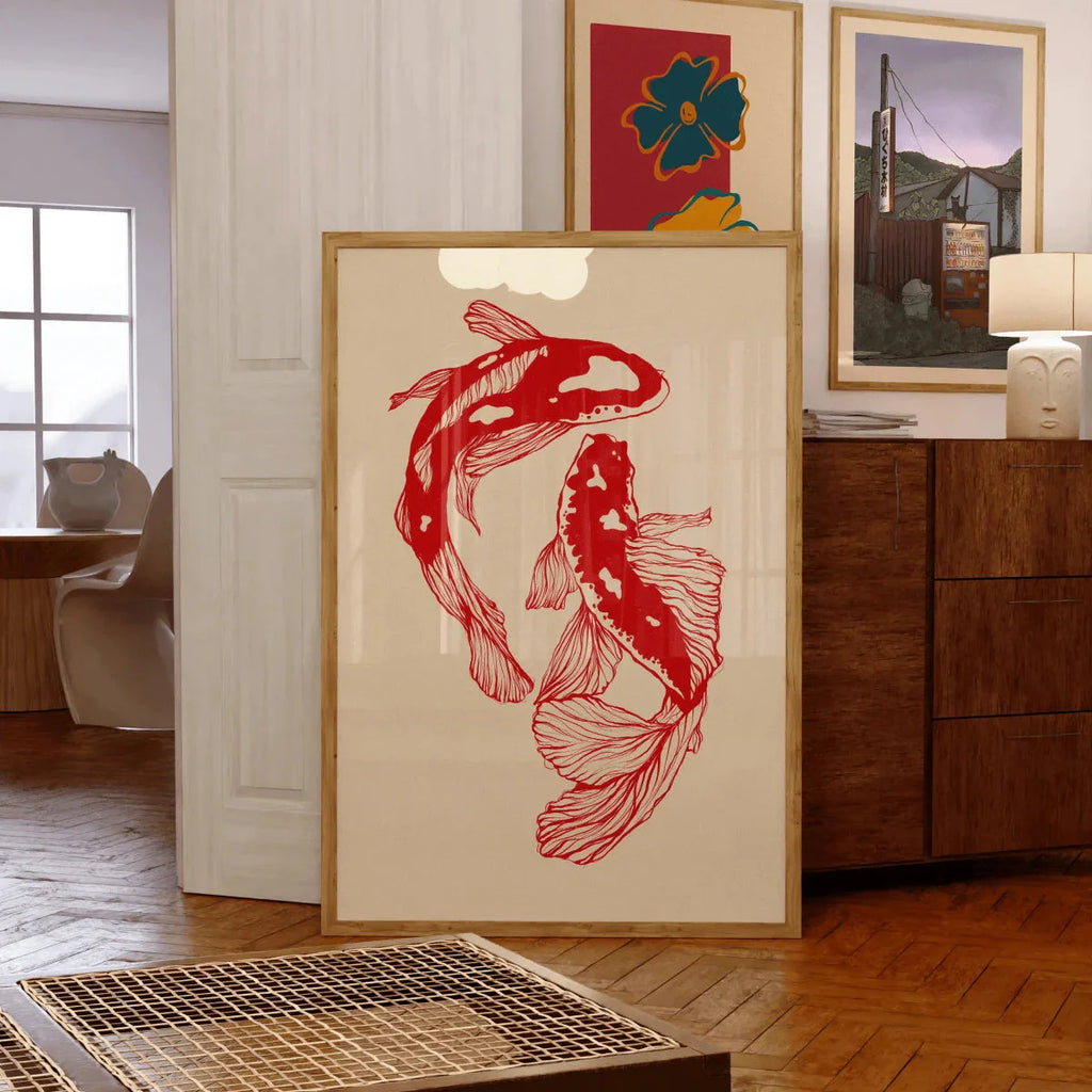 Japanese Red Koi Fish Canvas Wall Art Minimalist Poster