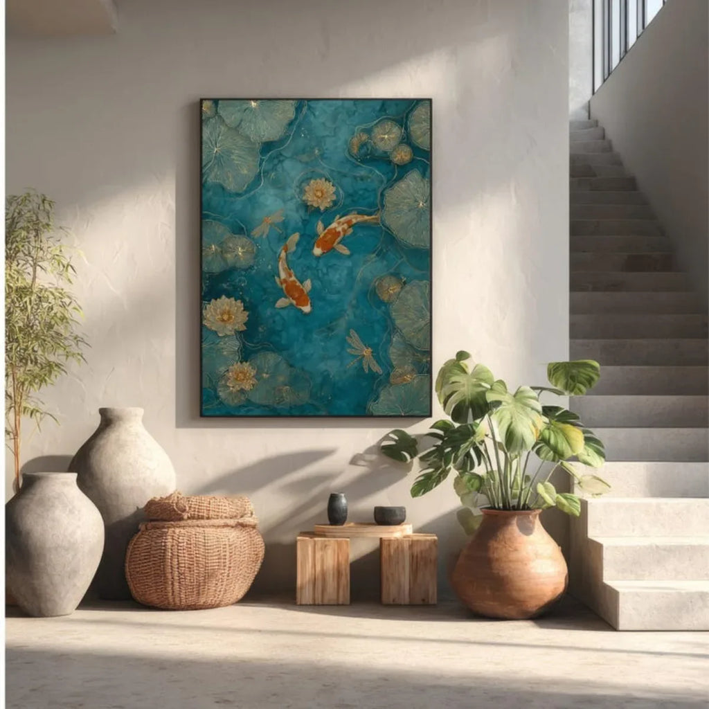 Japanese Koi Fish Canvas Print – Emerald Green Pond with Lotus
