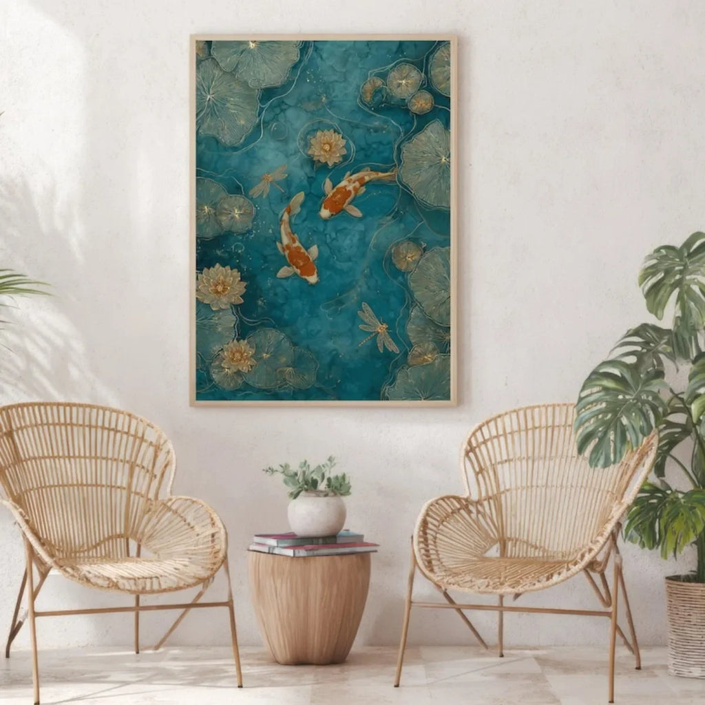 Japanese Koi Fish Canvas Print – Emerald Green Pond with Lotus