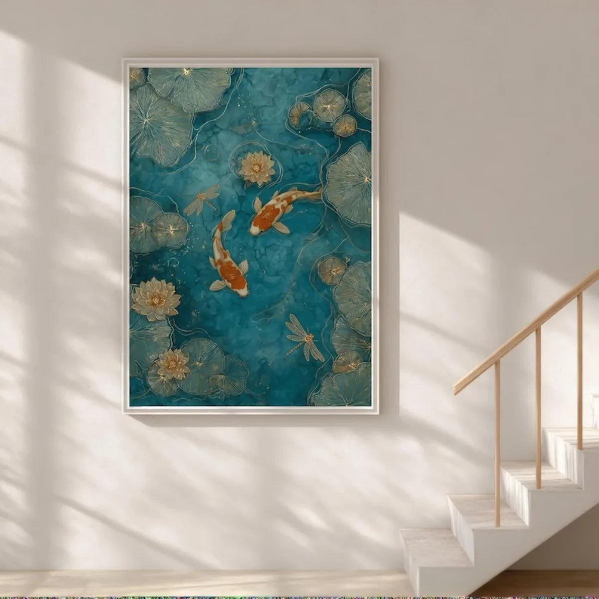 Japanese Koi Fish Canvas Print – Emerald Green Pond with Lotus