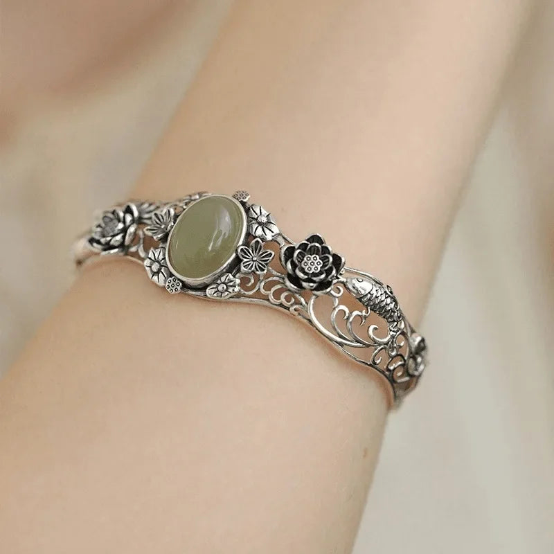 Hotan Green Jade Lotus & Koi Carved Bracelet