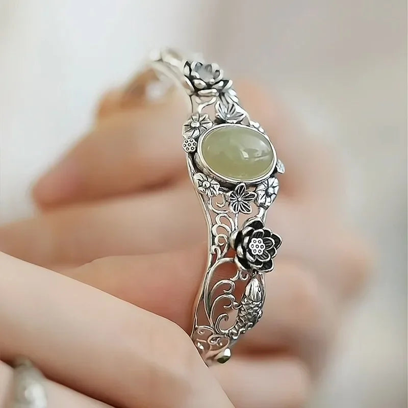 Hotan Green Jade Lotus & Koi Carved Bracelet
