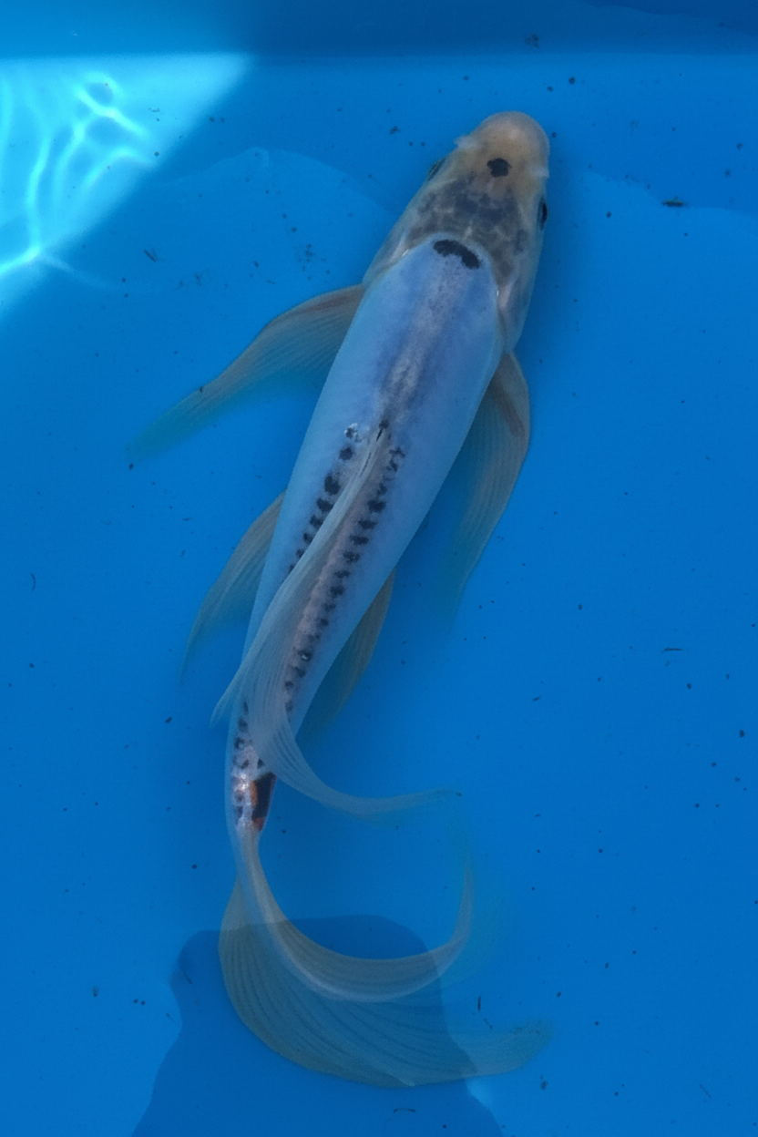 Doitsu Kumonryu Butterfly Koi - overhead view showing scaleless body and sumi chain markings
