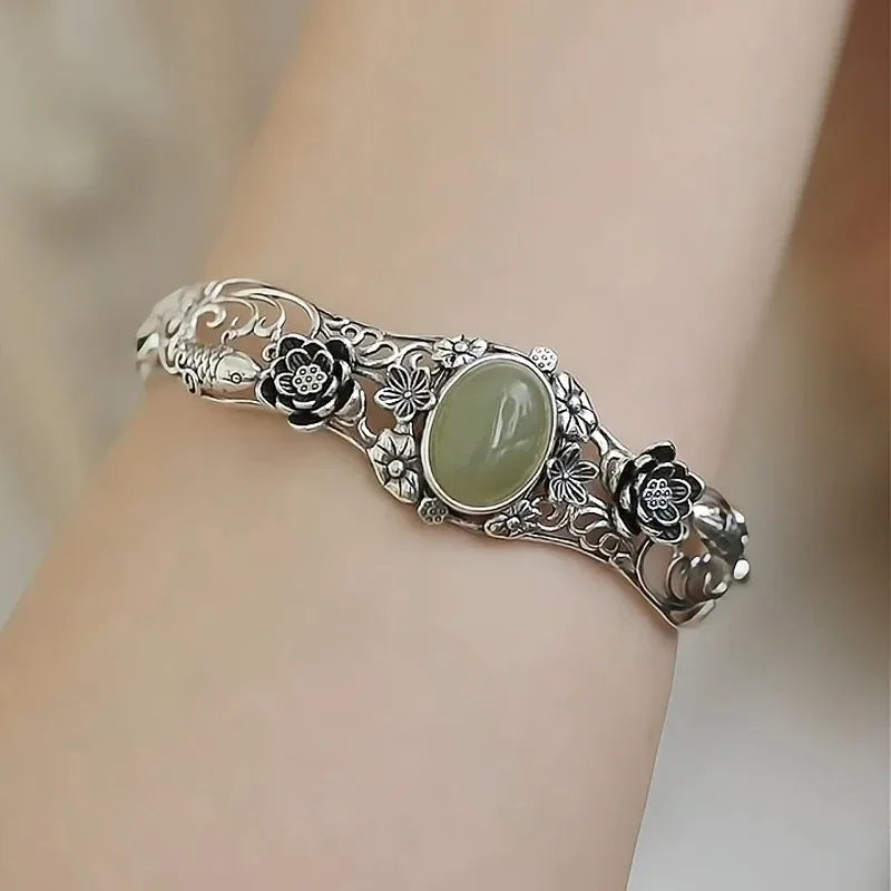 Hotan Green Jade Lotus & Koi Carved Bracelet